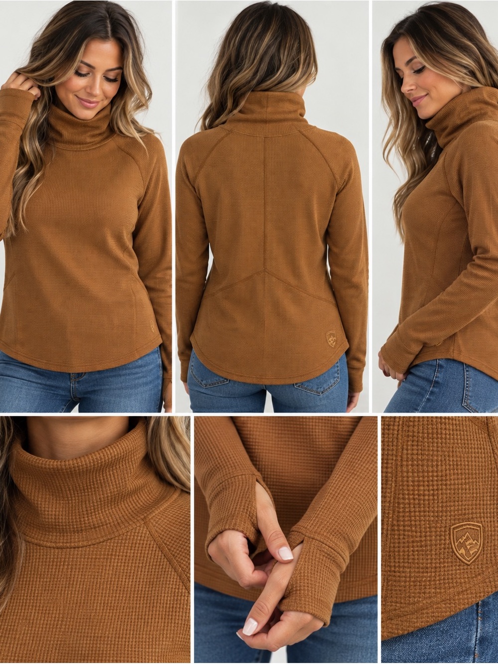 Kuhl Womens L Brown Waffle Knit Turtleneck Sweater Thumbholes Outdoor Pullover